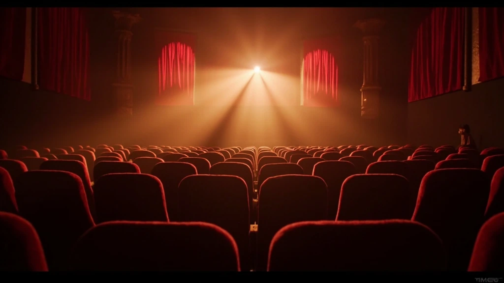 Empty cinema with projector beam cutting through haze
