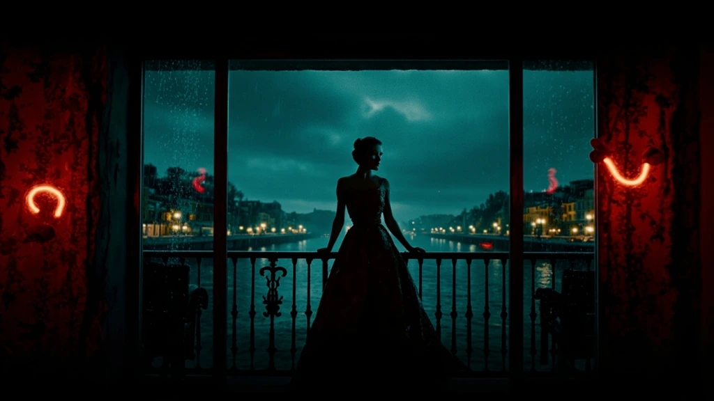 Woman in evening gown at rain-streaked window