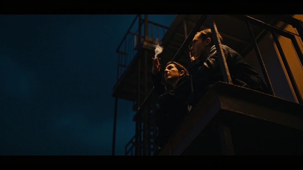 Two strangers on a fire escape at night