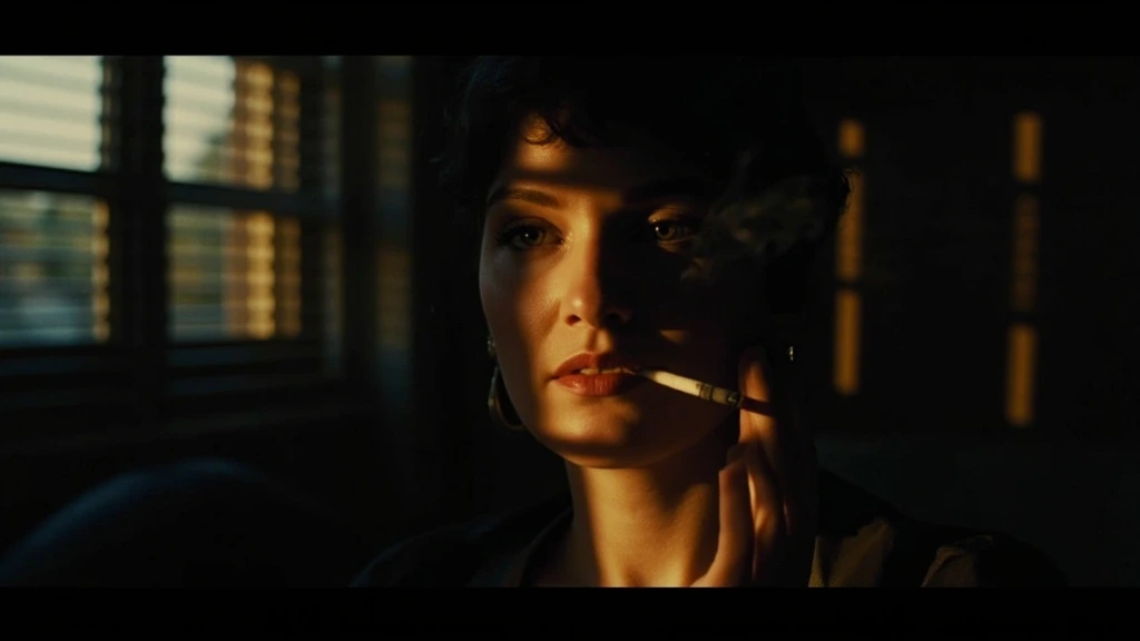 Atmospheric film still of a woman in a dim 1960s European apartment, lit by a single tungsten lamp.