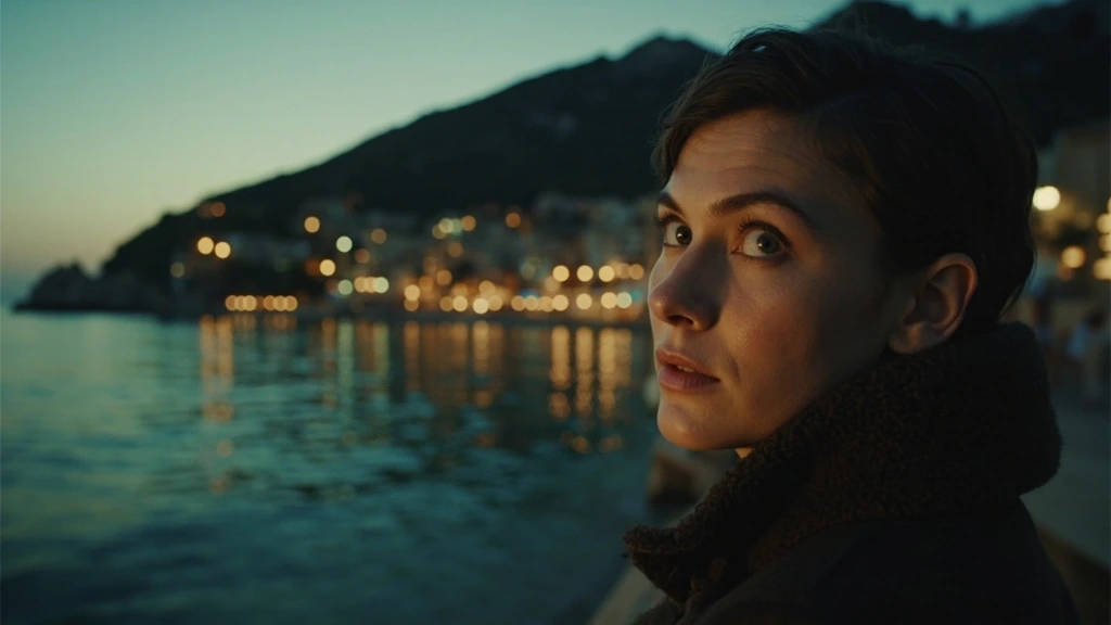Blurred cinematic backdrop of a Mediterranean coastal town at dusk.